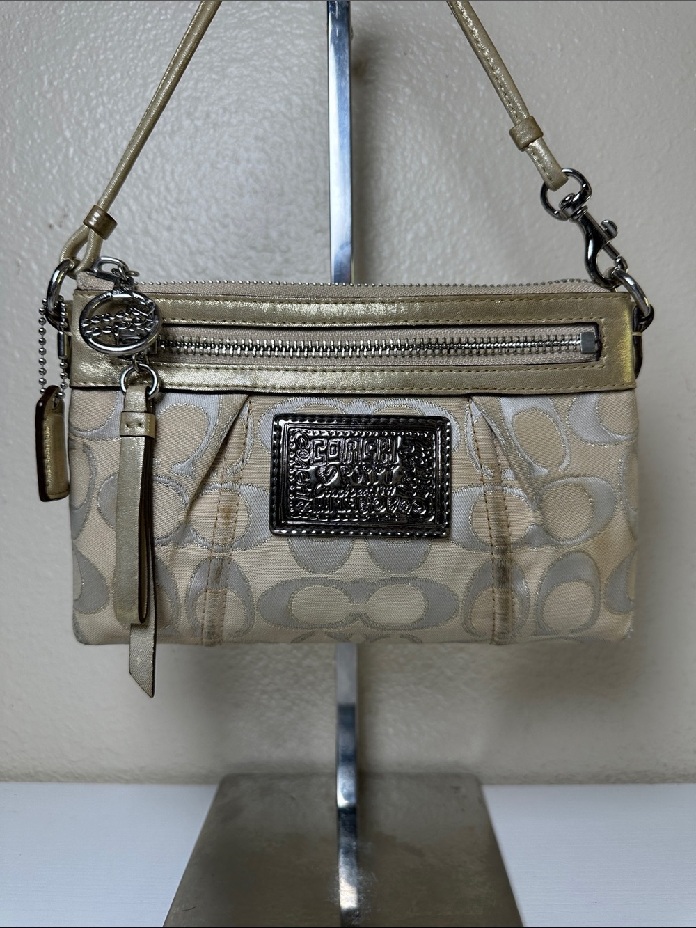 Coach Poppy Signature Canvas Metallic Trim Wristlet in Champagne